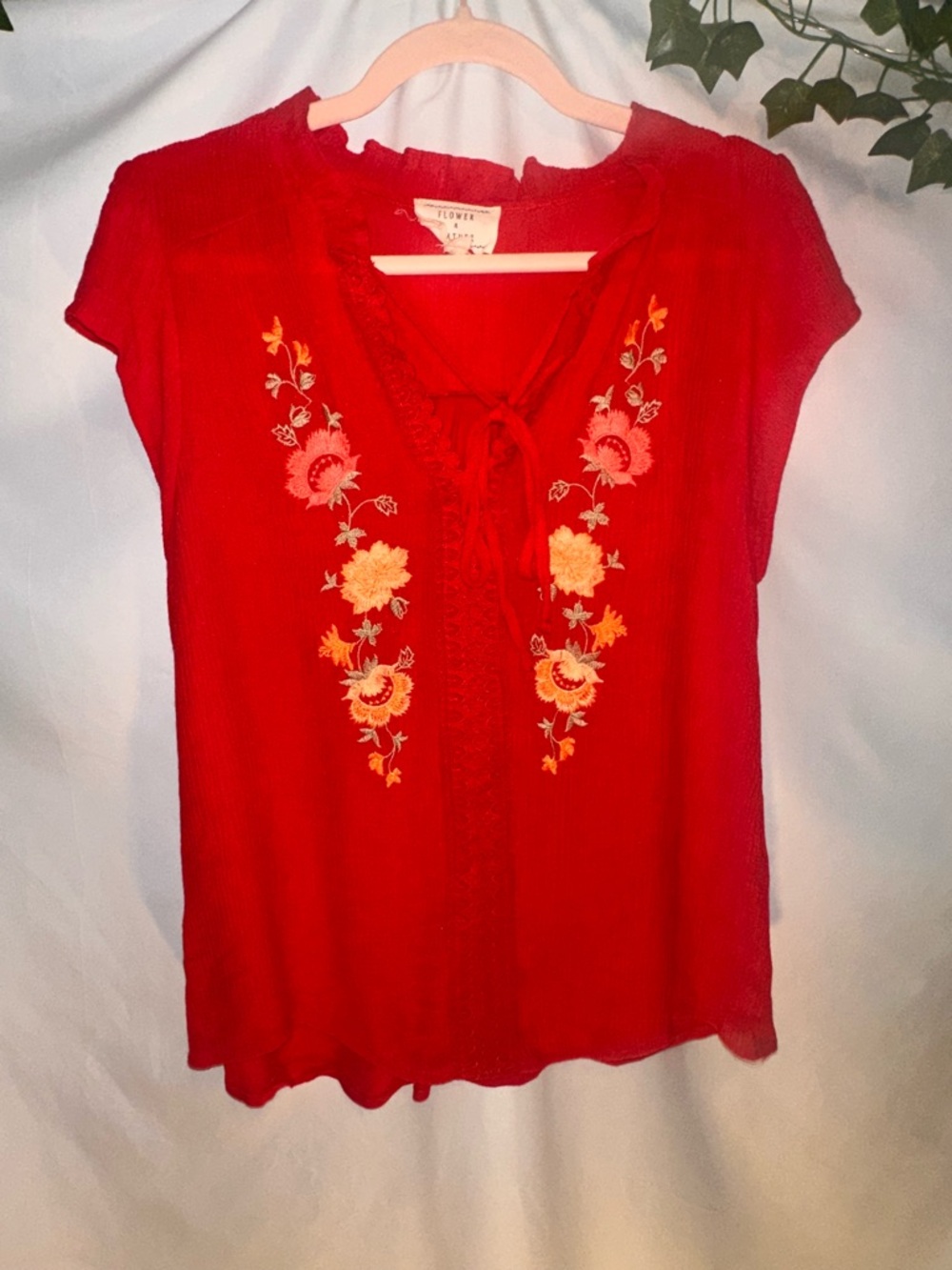 Flower and feather Women's Red Embroidered Tie-Front Blouse